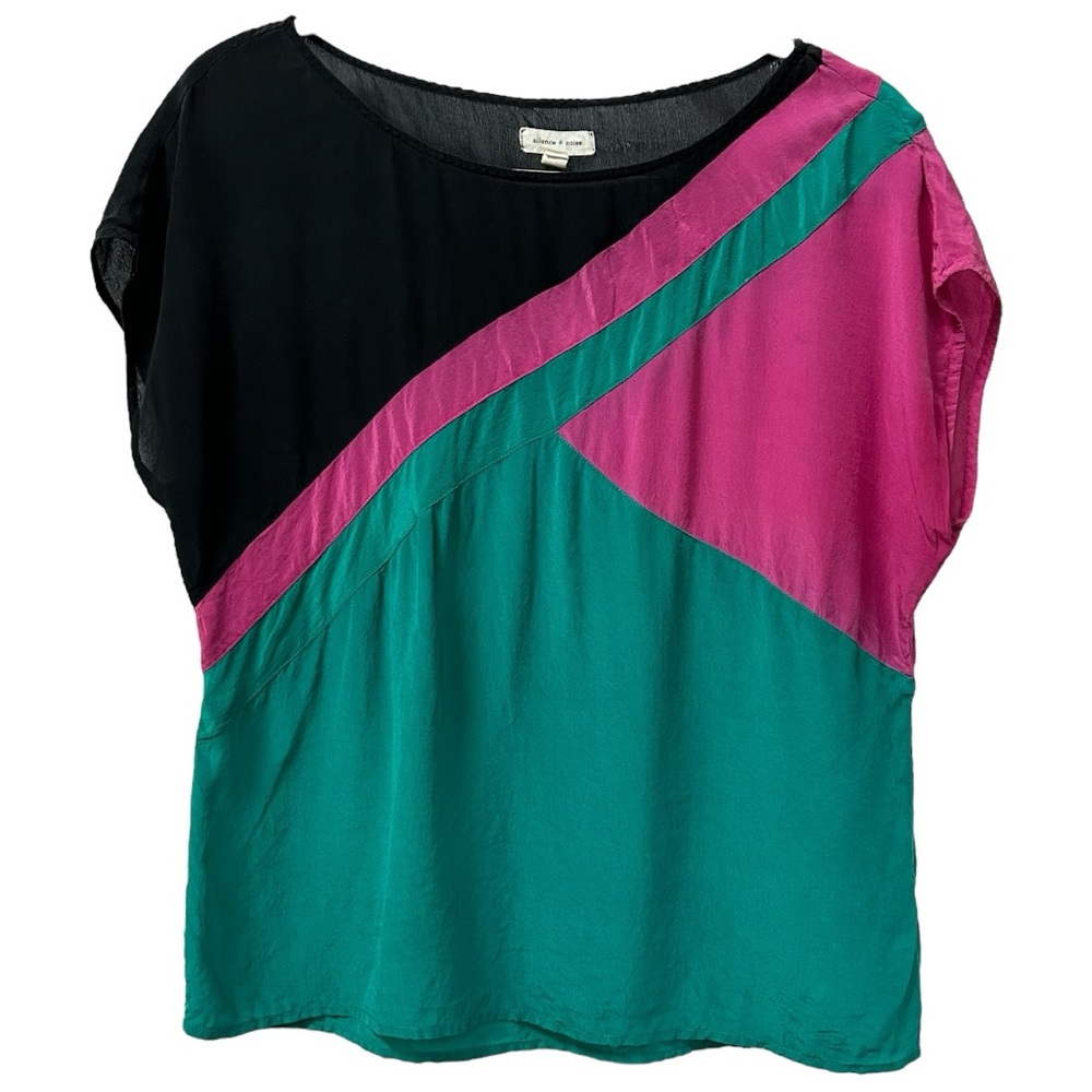 Silence + Noise Women’s Retro Inspired Boat Neck Short Sleeve Silk Blouse Sz L